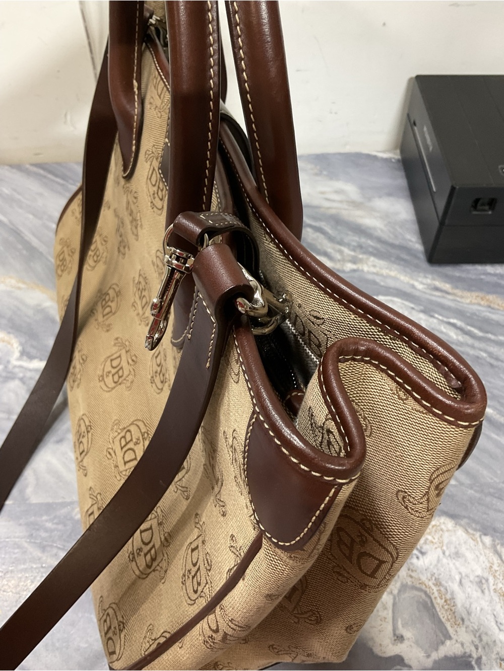 Dooney & Bourke Tan Canvas Logo Satchel with Brown Leather Trim - Picture 13 of 16